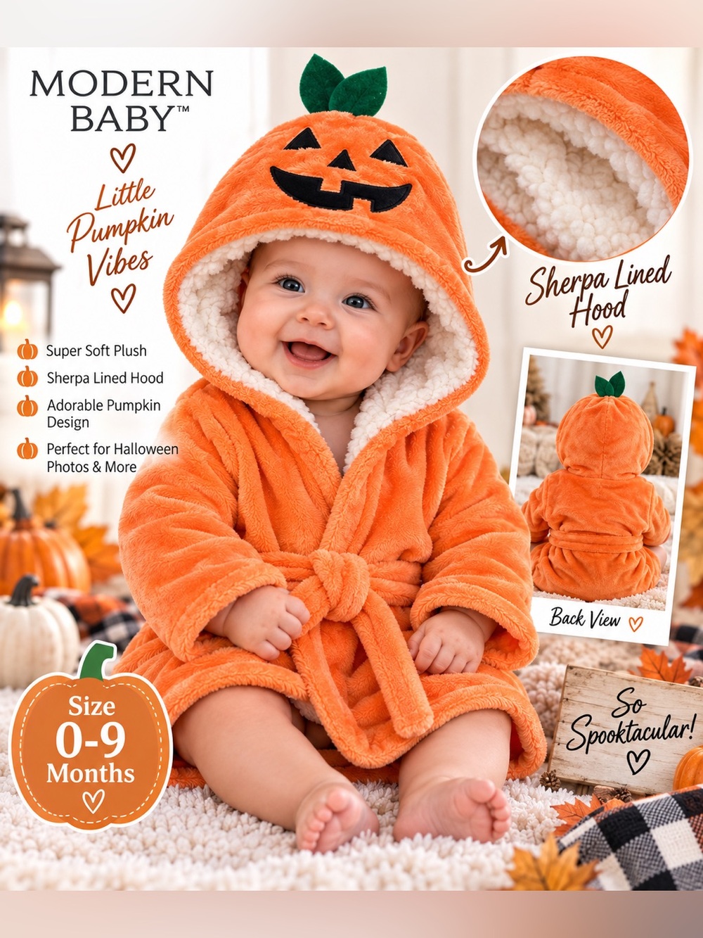 Modern Baby Pumpkin Hooded Sherpa Lined Robe 0-9M Halloween NWOT